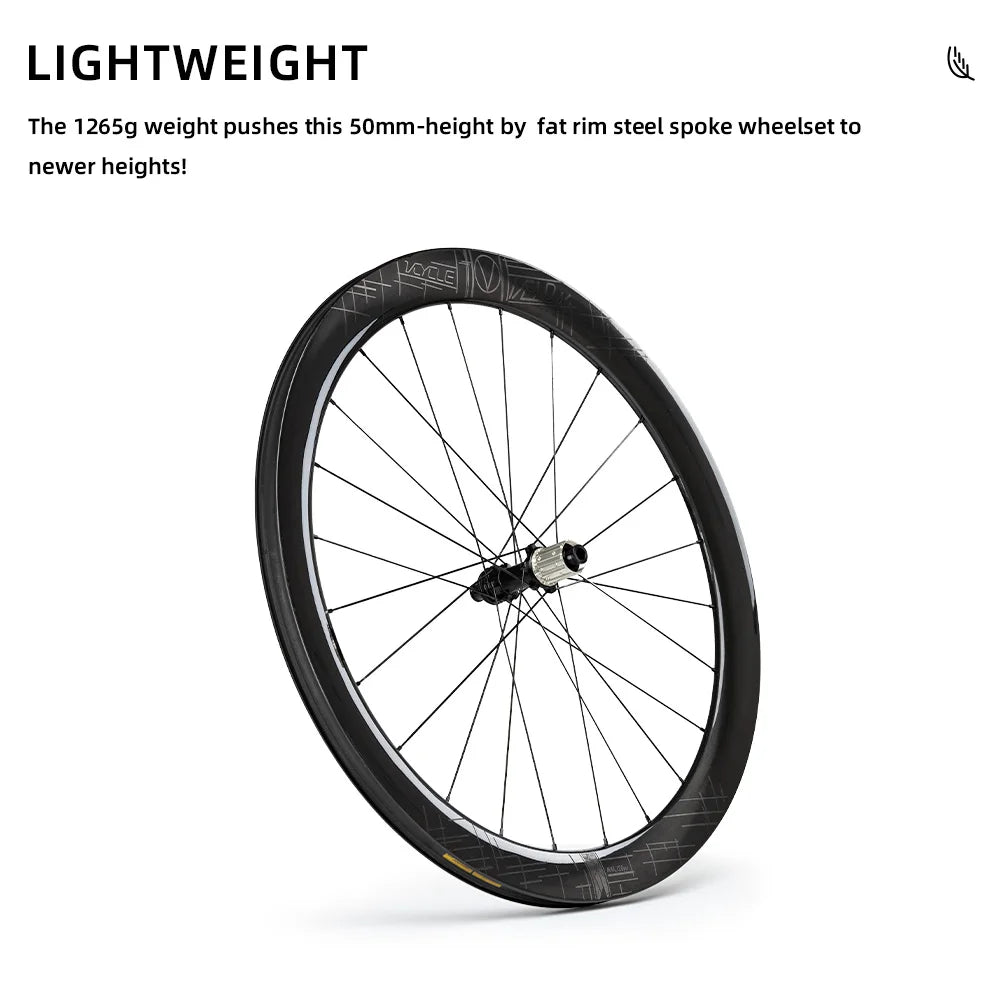 2024 ONIRII VCYCLE Road Carbon Wheels 50 High Rim Steel Spoke Fat Rim 24 Hole Ultra Light With Hooked Edge HG for Road Bicycle